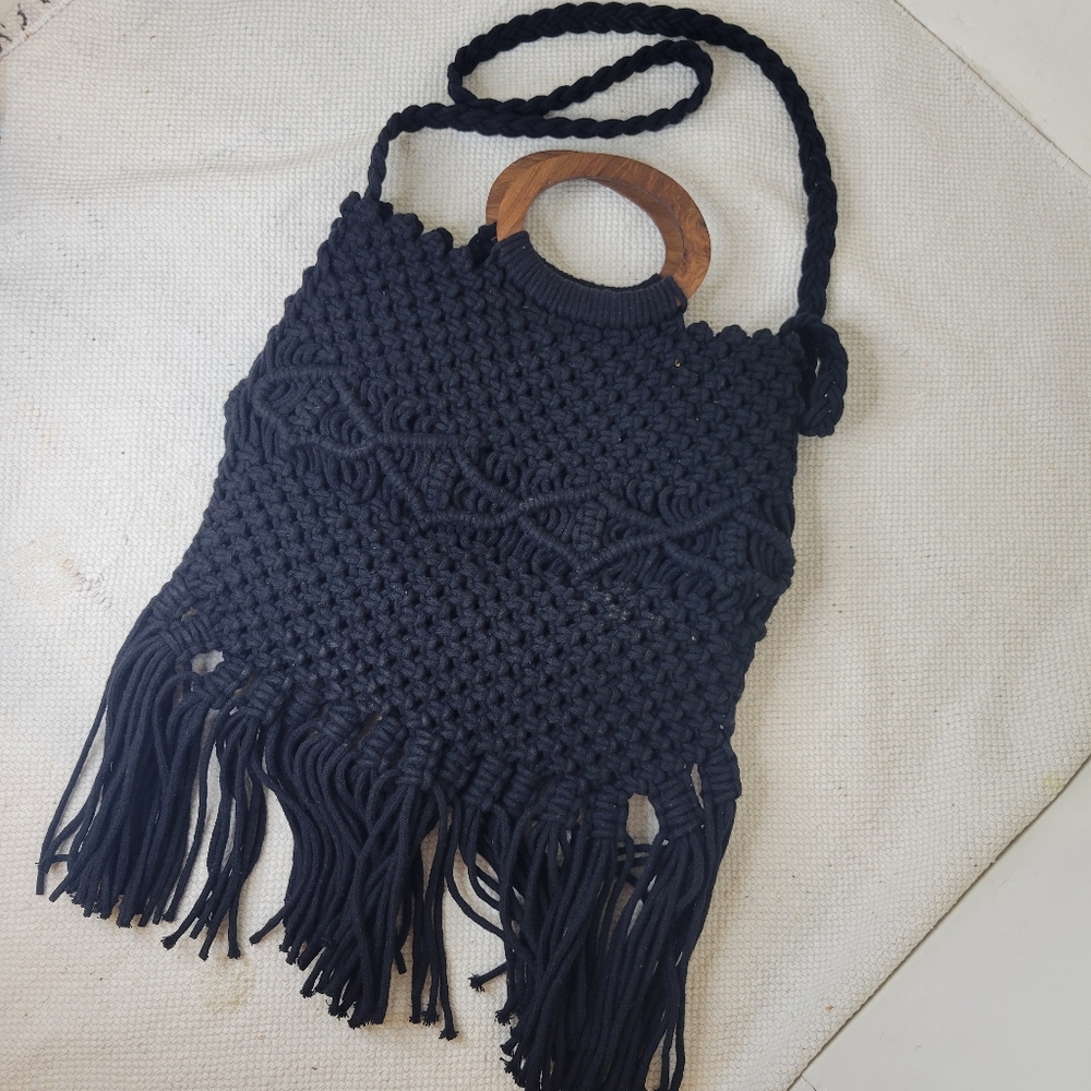 Danielle Nicole Black Macramé Fringe Crossbody Bag with Wooden Handles